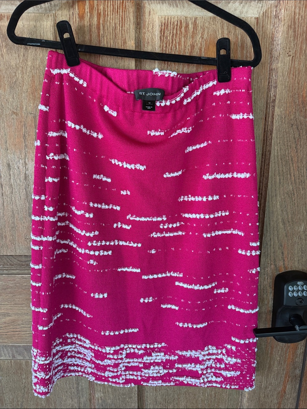 St. John Fuchsia Knit Midi Skirt with White Stripe Detail